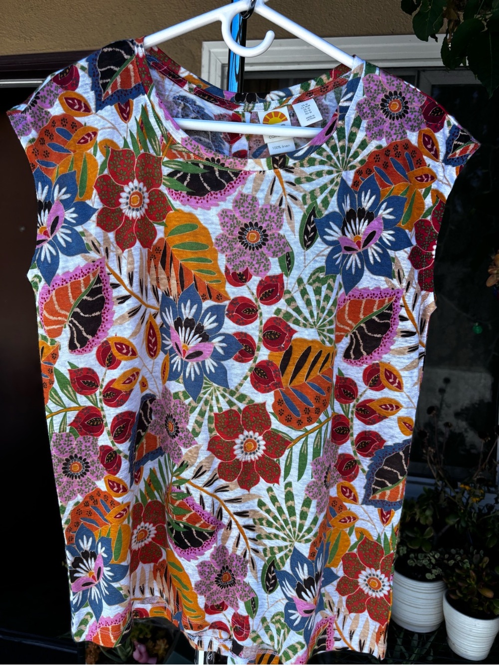 100% Linen Tshirt Top Sleeveless Bright Floral Full Button Back Size M - Picture 4 of 13
